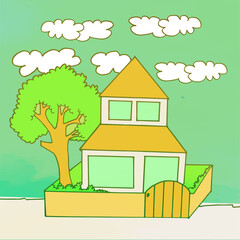 modern house architecture with tree, green grass and clouds vector illustration on green background. green outline house, hand drawn vector. doodle house for kids, wallpaper, cover, banner, poster. 