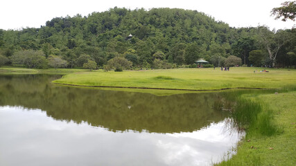 The lake view of the hill country environment. Greenery view of water source in Sri Lanka.
