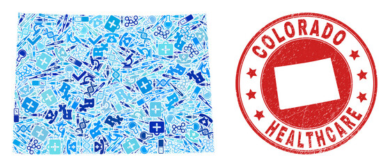 Vector collage Colorado State map with syringe icons, laboratory symbols, and grunge health care seal stamp. Red round seal with scratched rubber texture and Colorado State map tag and map.
