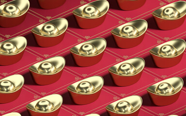 Chinese gold ingot with red background, 3d rendering.