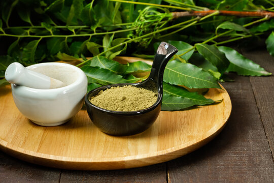 neem powder in black bowl with neem leaf and white mortar and pestle on wooden background.