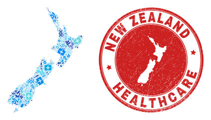 Vector collage New Zealand map with treatment icons, laboratory symbols, and grunge doctor seal. Red round seal with distress rubber texture and New Zealand map tag and map.