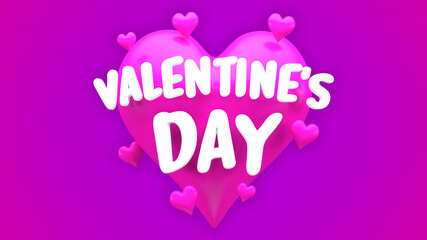 Pink heart on purple background with Valentine's Day text. Valentine's Day text. Three-dimensional illustration