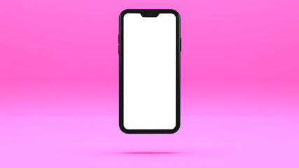 Black cell phone mockup on light pink background. Three-dimensional illustration template.