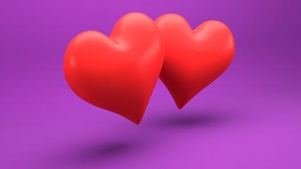 Two red hearts floating on a purple background. Three-dimensional illustration.
