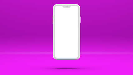 White cell phone mockup on light purple background. Three-dimensional illustration template.