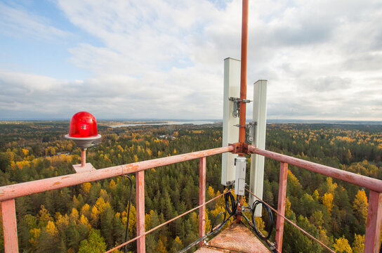 Cellular microwave system. 3G, 4G sector antennas and transceiver unit based on telecommunication tower metal construction. Autumn pine tree forest and blue epic sky background.
