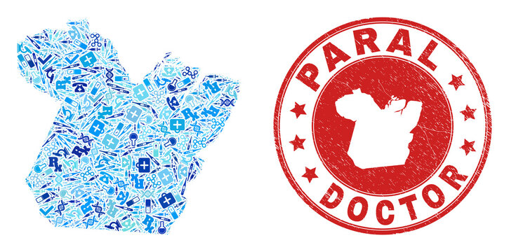 Vector mosaic Paral State map of vaccine icons, analysis symbols, and grunge health care imprint. Red round stamp with scratched rubber texture and Paral State map word and map.