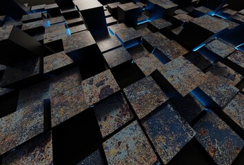 Close up steel rusty cubes with lighting effects in dark scene 3D rendering wallpaper backgrounds
