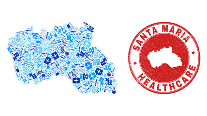 Vector mosaic Santa Maria Island map with vaccine icons, test symbols, and grunge doctor watermark. Red round watermark with corroded rubber texture and Santa Maria Island map tag and map.