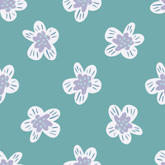 Plakat White flowers silhouettes seamless doodle pattern. Blue background. Creative design.