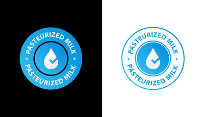 pasteurized milk vector symbol, blue stamp with milk drop and tick mark