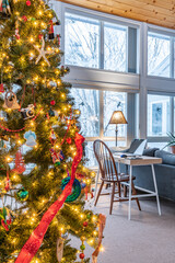 Christmas Tree with lights and ornaments portrait mode