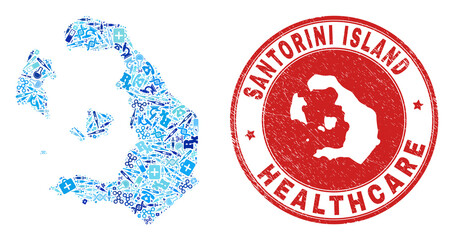 Vector collage Santorini Island map with treatment icons, receipt symbols, and grunge health care watermark. Red round imprint with unclean rubber texture and Santorini Island map text and map.