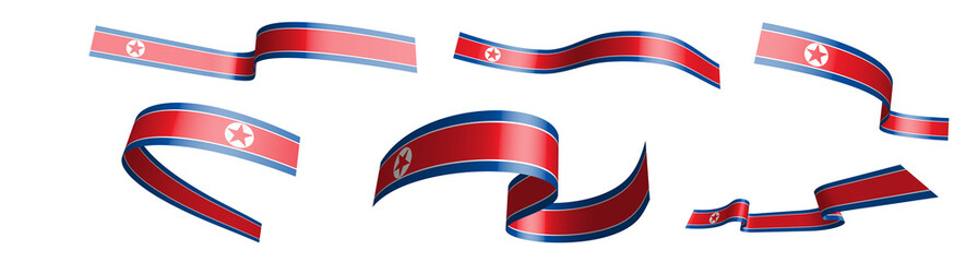 Set of holiday ribbons. Flag of DPRK, North Korea waving in wind. Separation into lower and upper layers. Design element. Vector on white background