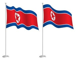 flag of DPRK, North Korea on flagpole waving in wind. Holiday design element. Checkpoint for map symbols. Isolated vector on white background