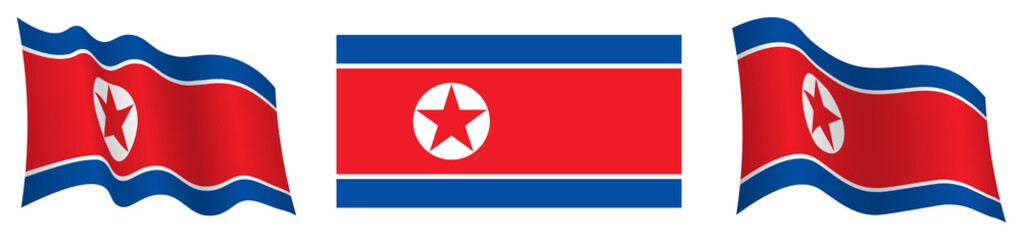 flag of DPRK, North Korea in static position and in motion, fluttering in wind in exact colors and sizes, on white background