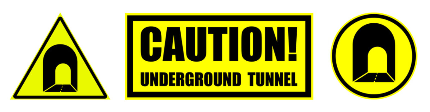 Set of yellow black danger caution signs, attention. Entrance to an underground tunnel on highway. Road safety. Vector on white background