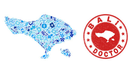 Vector mosaic Bali map with injection icons, receipt symbols, and grunge healthcare watermark. Red round imprint with corroded rubber texture and Bali map text and map.