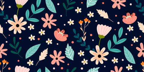 Seamless vector pattern with cute hand-drawn flowers, leaves, and branches