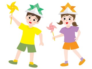 こどもの日にかざぐるまで遊ぶ子供たち