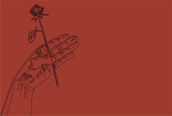 一輪の薔薇を持った手のイラスト ピンク色の背景 Wall Mural Dahlia