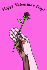 一輪の薔薇を持った手のイラスト ピンク色の背景 Bilateral Wall Mural Bilater Dahlia