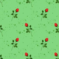 Seamless pattern with red rose sprigs and green splashes. On mint background. Ornate watercolor hand drawn illustration. For greeting cards,postcards,wallpapers,wrapping papers,fabrics,textiles.
