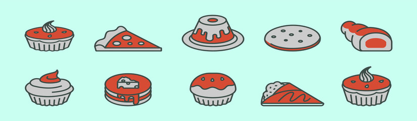 set of cake, bakery and crepes cartoon icon design template with various models. vector illustration isolated on blue background
