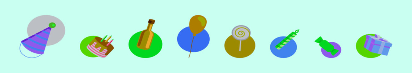 set of birthday cartoon icon design template with various models. vector illustration isolated on blue background