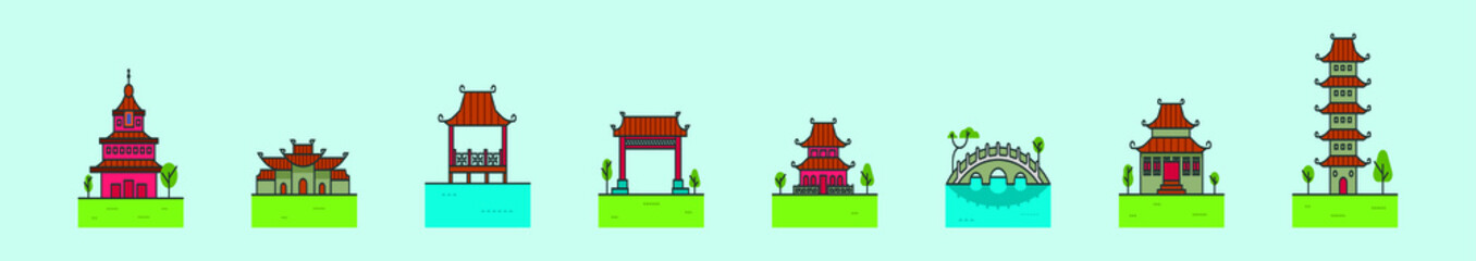 set of china town cartoon icon design template with various models. vector illustration isolated on blue background