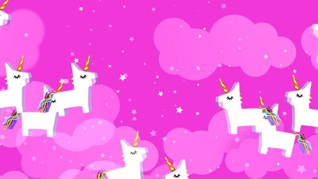 Looped cartoon unicorns in the pink sky animation.
