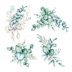 Set of four bouquets of watercolor eucalyptus