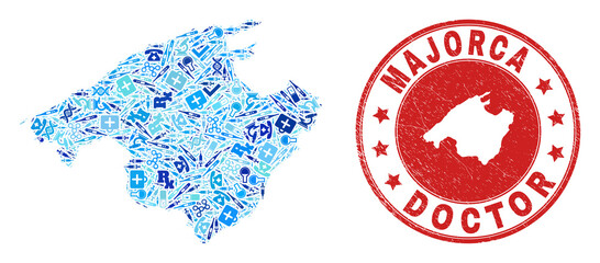 Vector mosaic Majorca map with healthcare icons, medicine symbols, and grunge healthcare imprint. Red round imprint with corroded rubber texture and Majorca map word and map.