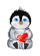 Watercolor illustration of a cute little penguin holding a red heart in his hands. Happy Valentine's Day, Wedding, romantic evening. Plush toy penguin with a heart. Isolated on white background.