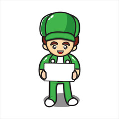 mascot cleaning services holding a blackboard