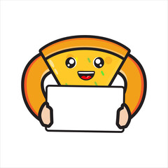 pizza mascot holding a blackboard