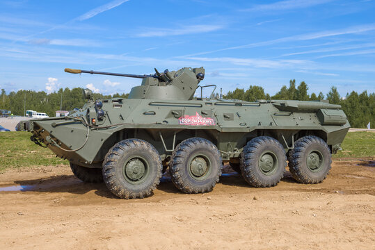 ALABINO, RUSSIA - AUGUST 25, 2020: Armored personnel carrier BTR-82А - participant on the demonstration program of the international military forum "Army 2020" is close-up