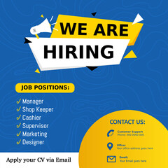 Jobs recruitment design for companies. Square social media post layout. We are hiring banner, poster, background template