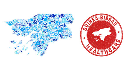 Vector mosaic Guinea-Bissau map with inoculation icons, hospital symbols, and grunge health care seal. Red round stamp with grunge rubber texture and Guinea-Bissau map tag and map.
