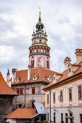 View of the medieval castle and tower in Cesky Krumlov in the Czech Republic