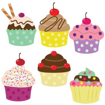 Sweet colorful party cupcakes vector cartoon illustration