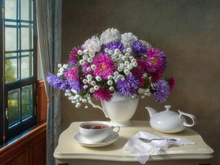 Obraz na płótnie Canvas Still life with bouquet of flowers on a tea table