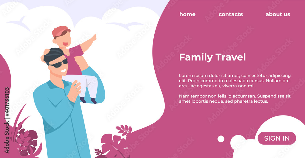 Poster family travel landing page. cartoon man holding kid on shoulder. father and son resting at resort. o