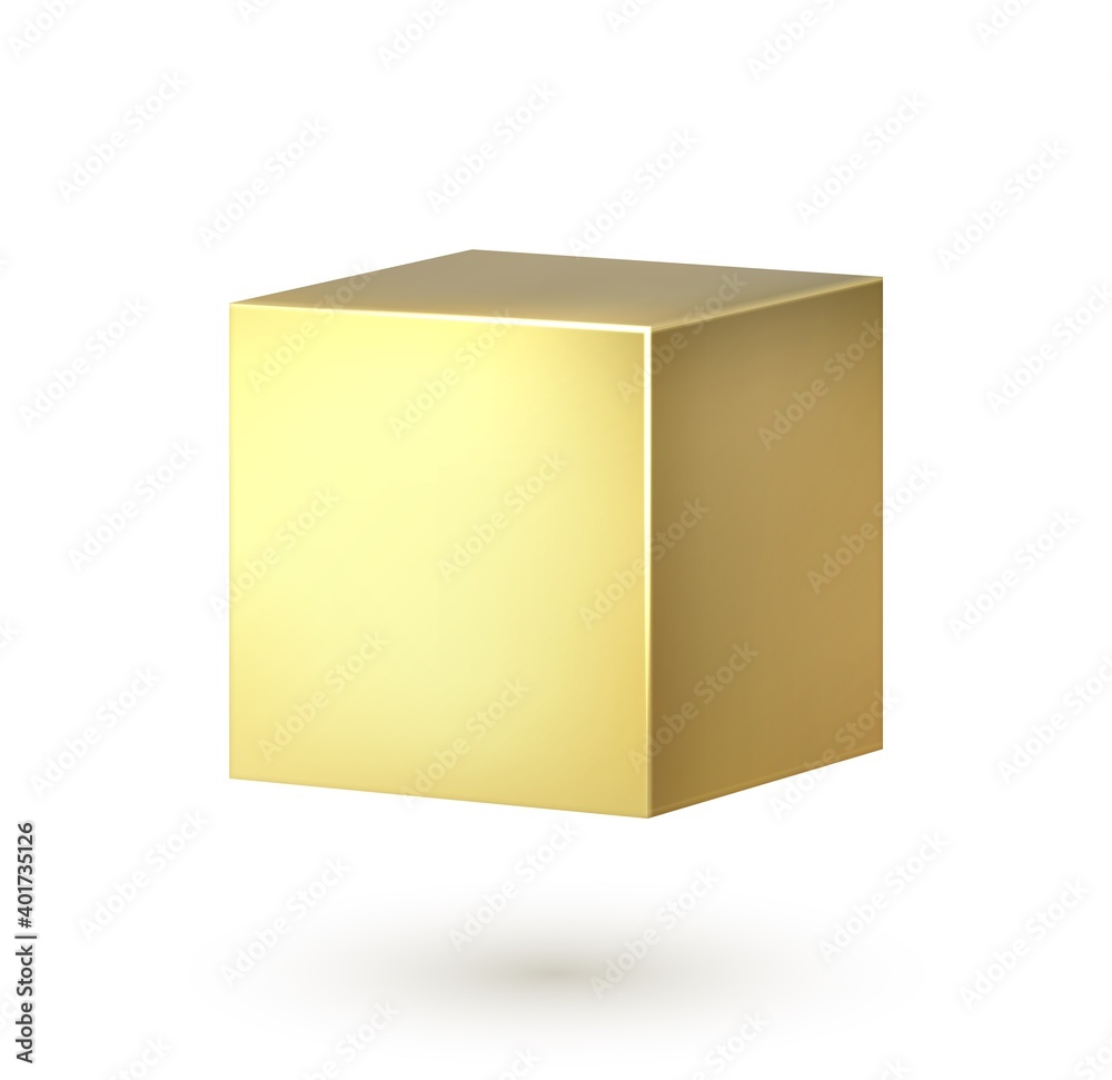 Poster Golden cube. Realistic 3d square shape. Golden box. Smooth surface with overlay light and shadow effect. Geometric sharp-edged form, single object on white background. Vector isolated block template