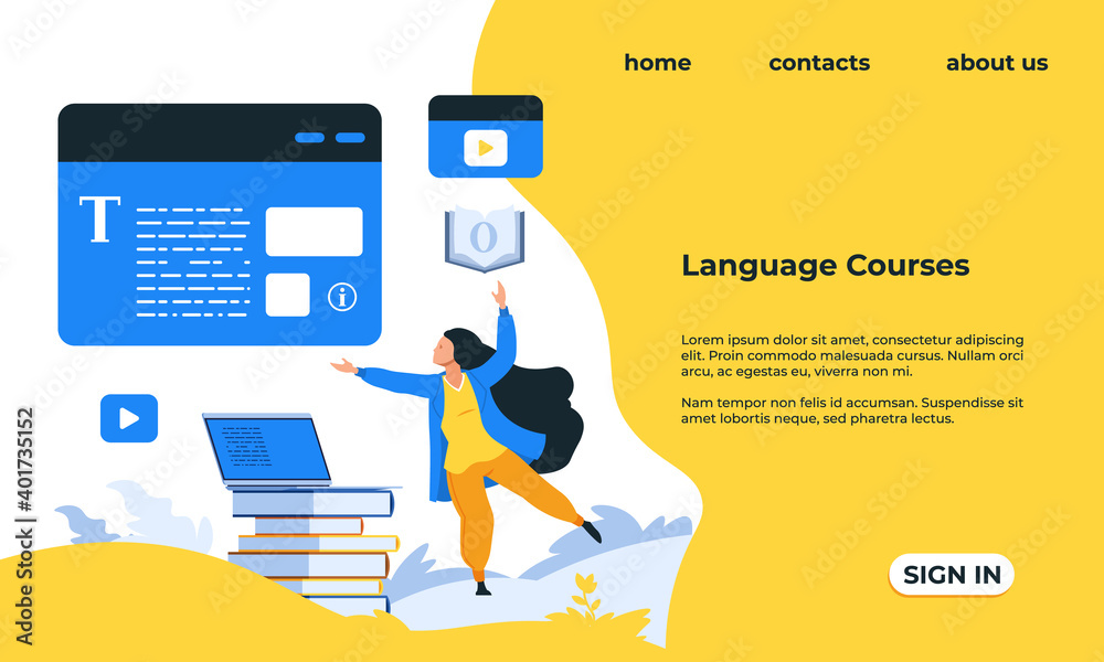 Poster Language courses landing page. Web service for learning grammar and pronunciation of foreign words. Distant studying. Website interface bright design. Vector modern mockup with text and buttons