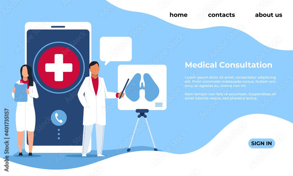 Poster medical consultation landing page. web service for appointment with doctor. diagnostic and treatment