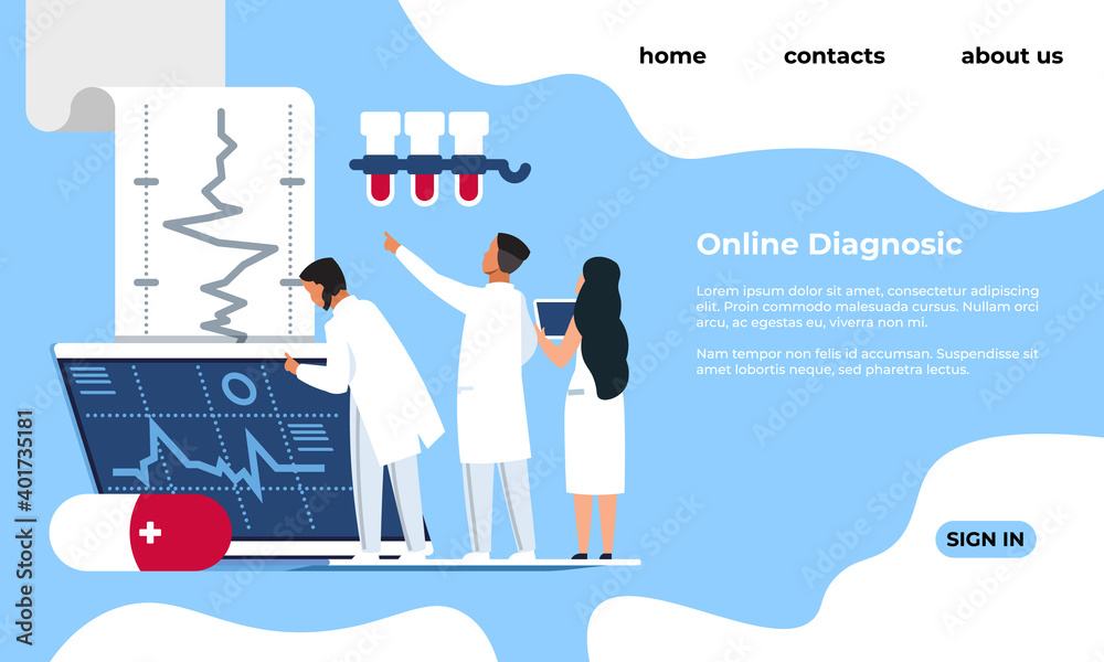 Poster online diagnostic landing page. medical tests and analyzes. cartoon doctors check patients health. m