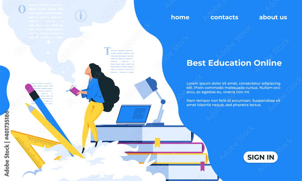 Poster online education landing page. cartoon people studying distantly. web educational courses, learning 