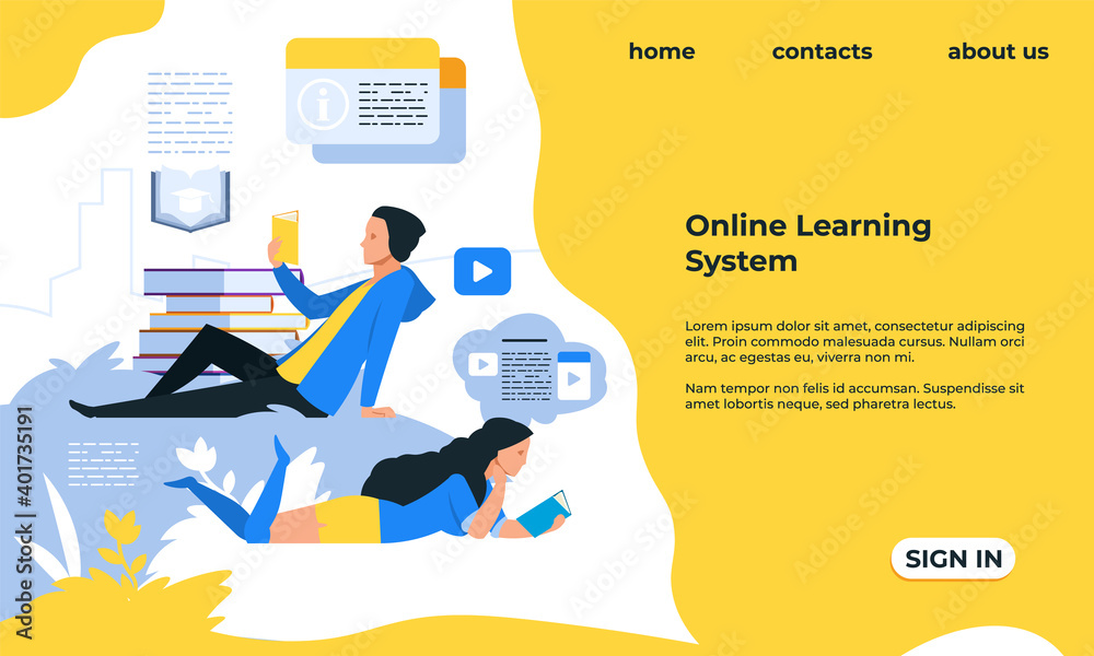 Poster Online learning landing page. Distant education, modern studying with smart technologies. Website UI design. Colorful mockup with text and buttons. Web service for library and courses, vector template
